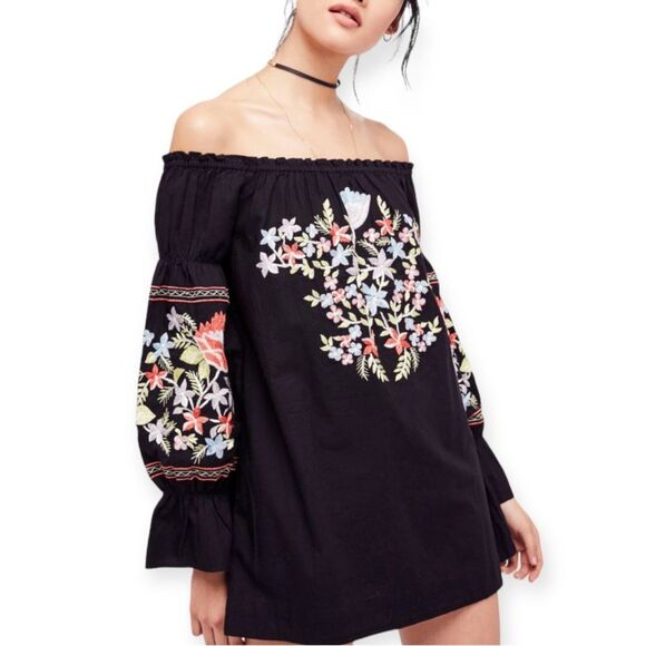 Free People Fleur Du Jour Embroidered Floral Shift Mini Dress Black Sz Medium - Picture 2 of 11